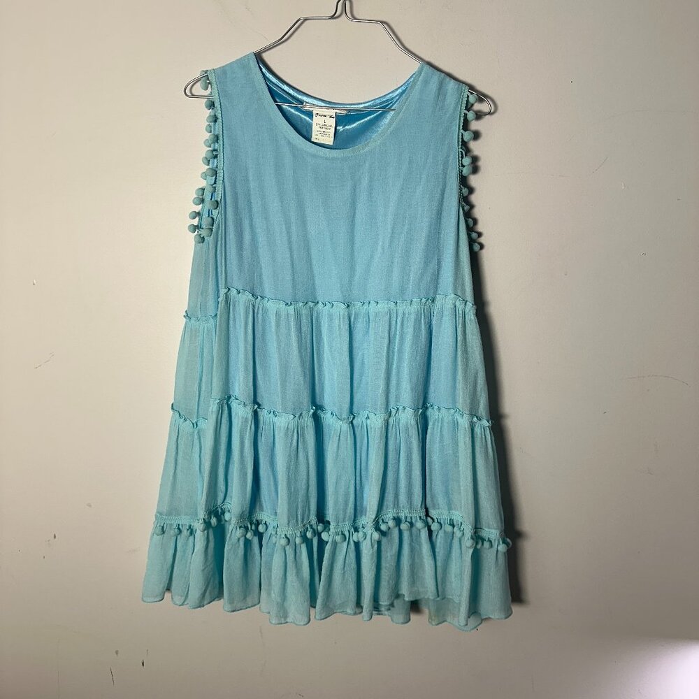 EUC Paisley Vine Womens Light Blue Tank Top Tiered Balls Large L
